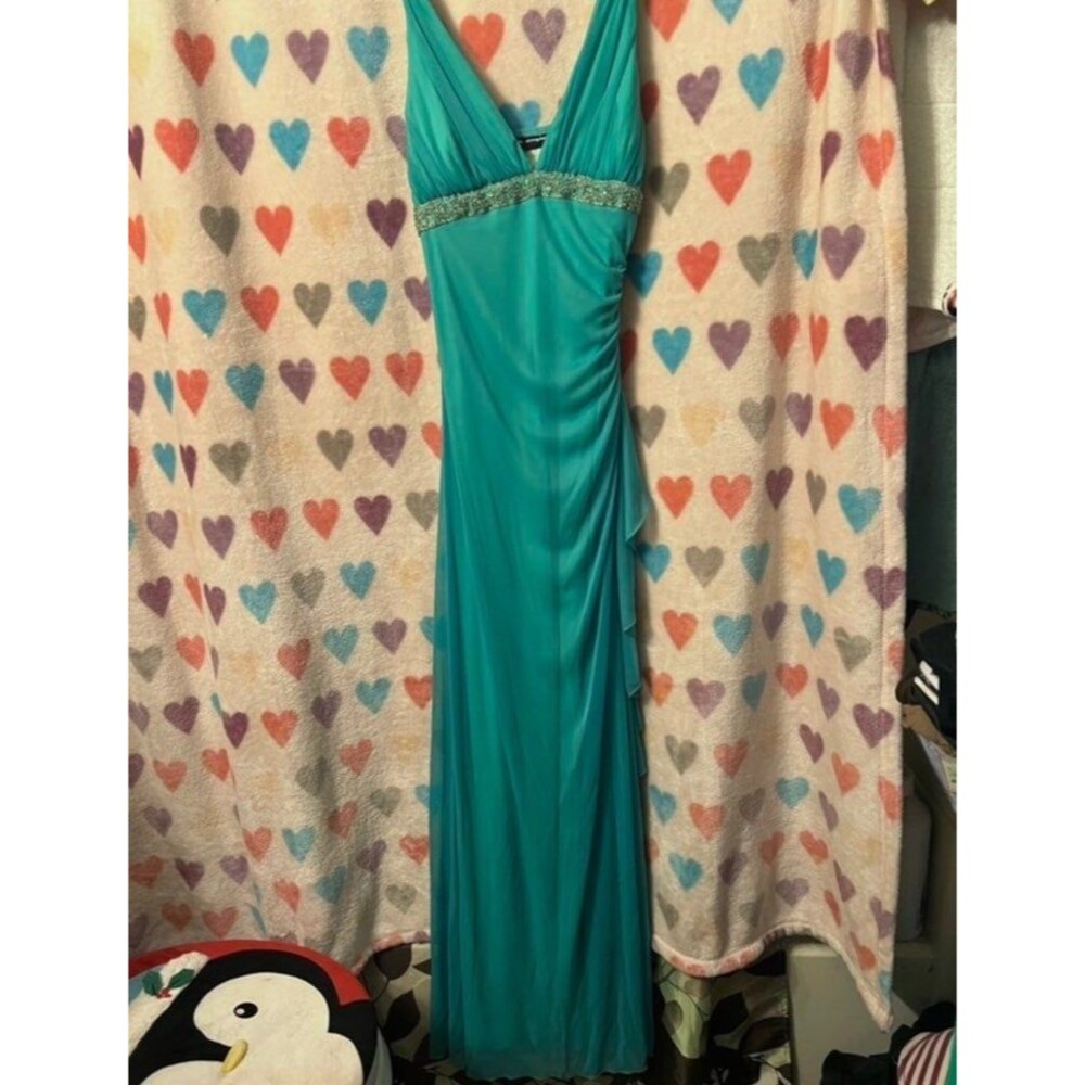 Jodi Kristopher Aqua Beaded Formal Dress Prom Dance
